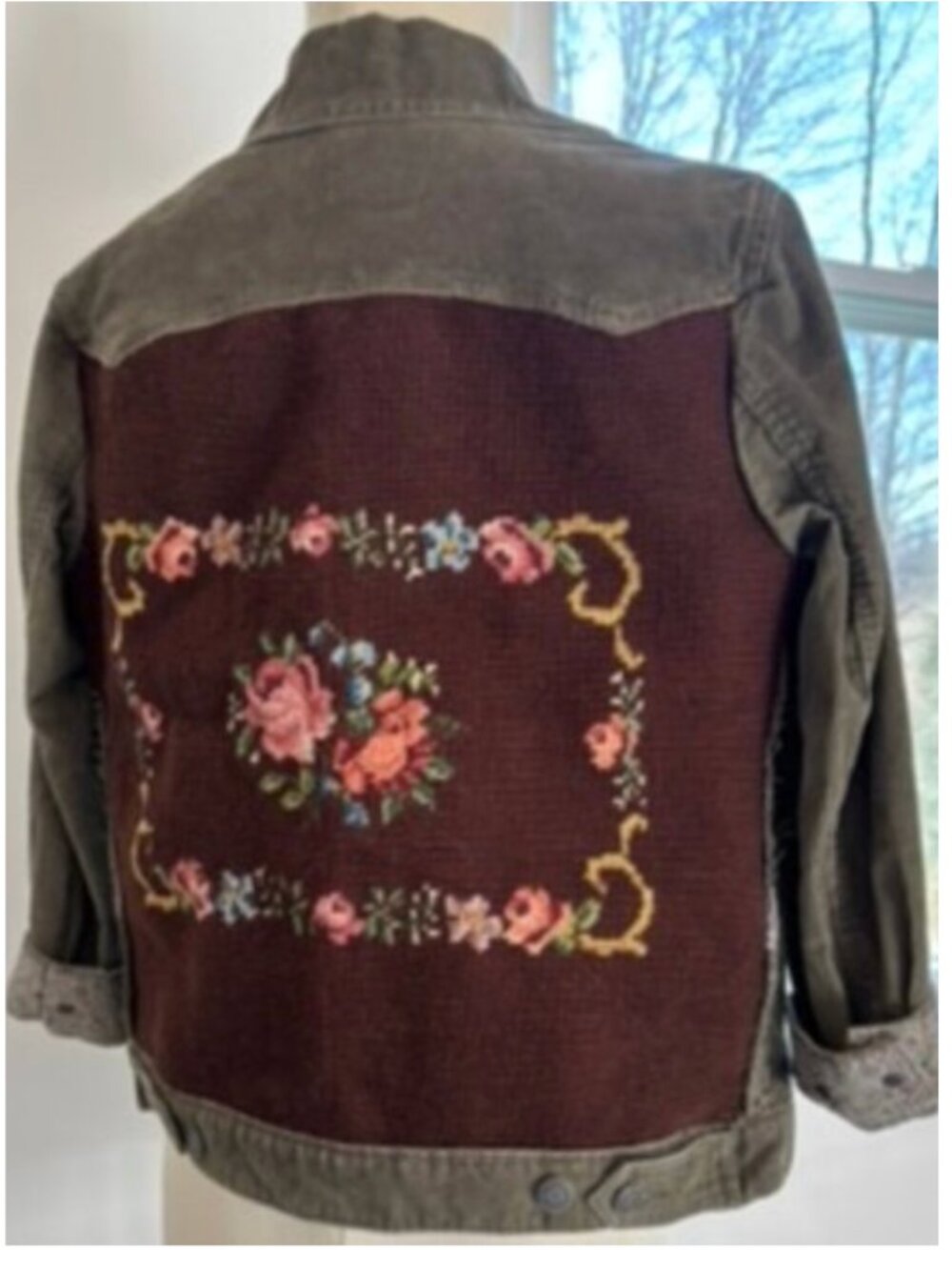 Redesigned cordury jacket w/vintage needlework back floral